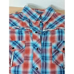 Cowgirl Legend Women's Large Pearl Snap Plaid Long Sleeve Red White & Blue